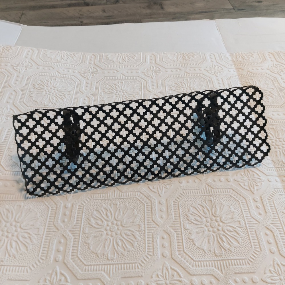 Vintage Mid Century Black Metal Perforated Quatrefoil Wall Shelf Scroll Brackets